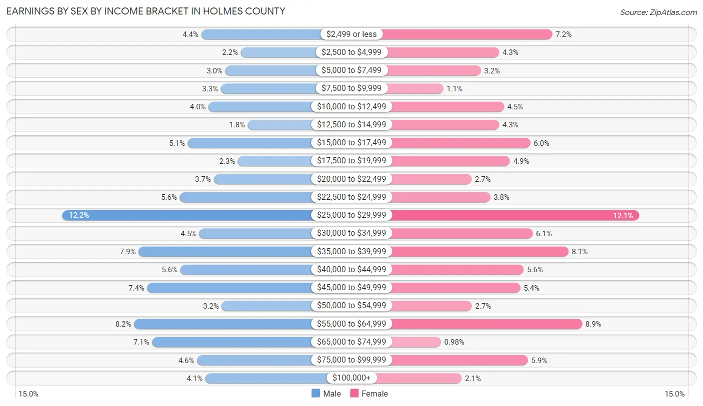 Earnings by Sex by Income Bracket in Holmes County