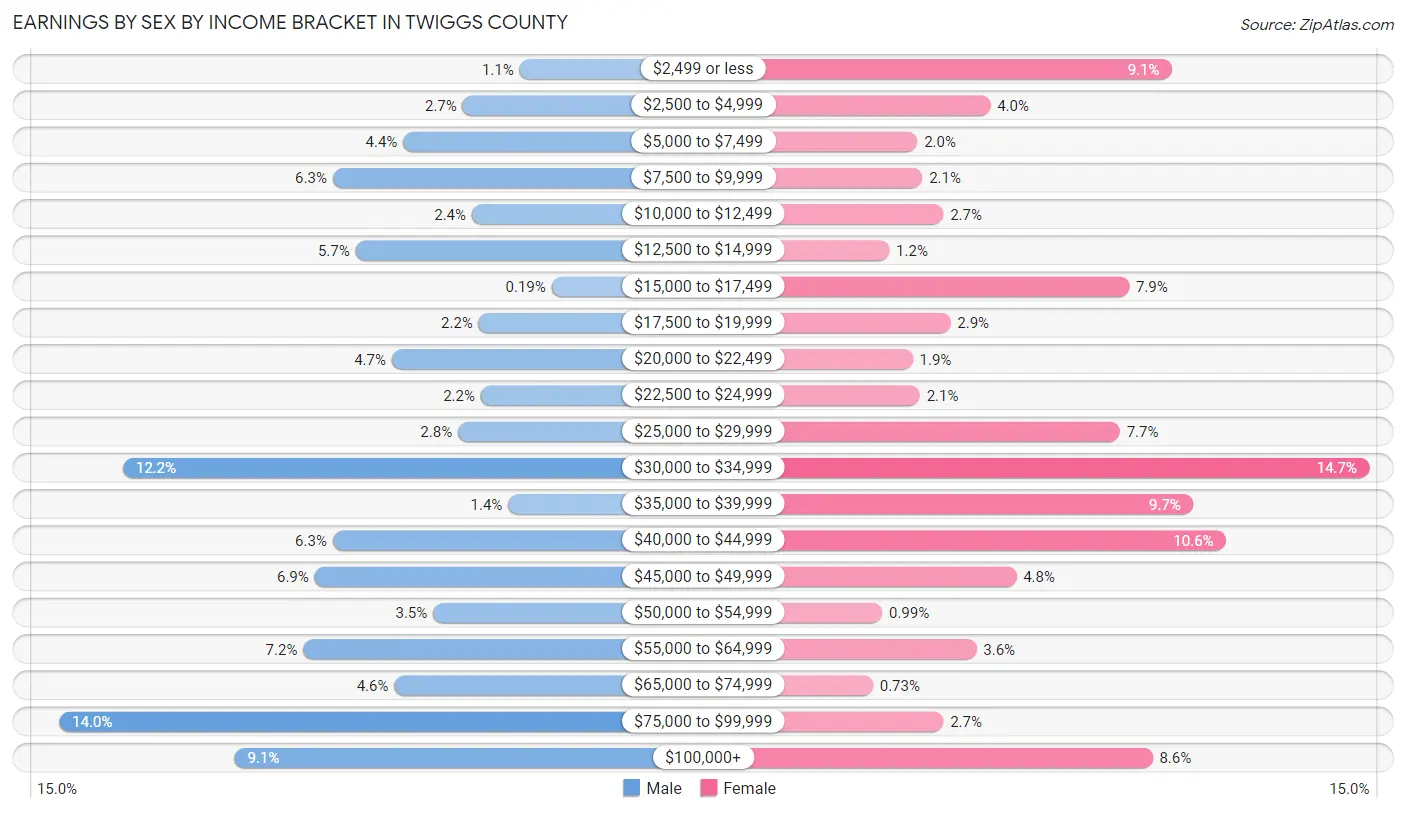 Earnings by Sex by Income Bracket in Twiggs County