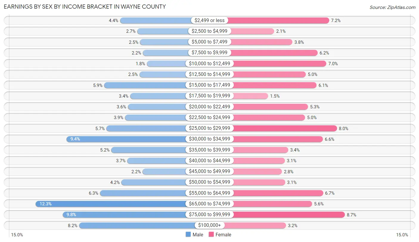 Earnings by Sex by Income Bracket in Wayne County