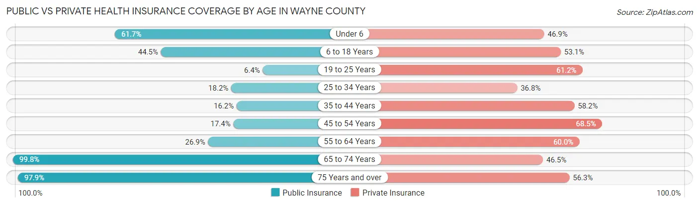 Public vs Private Health Insurance Coverage by Age in Wayne County