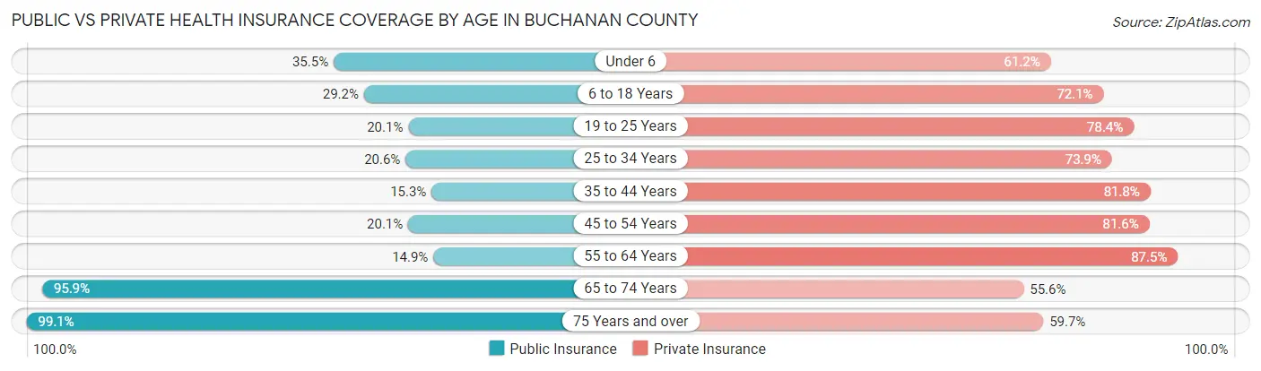 Public vs Private Health Insurance Coverage by Age in Buchanan County