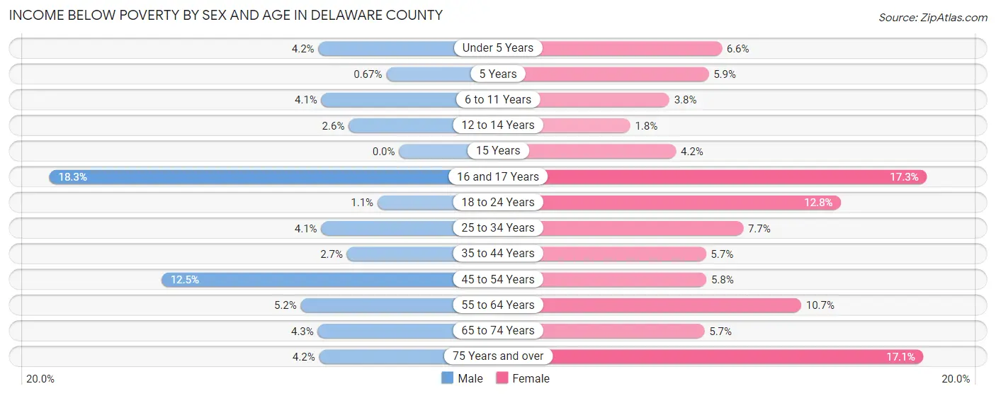 Income Below Poverty by Sex and Age in Delaware County
