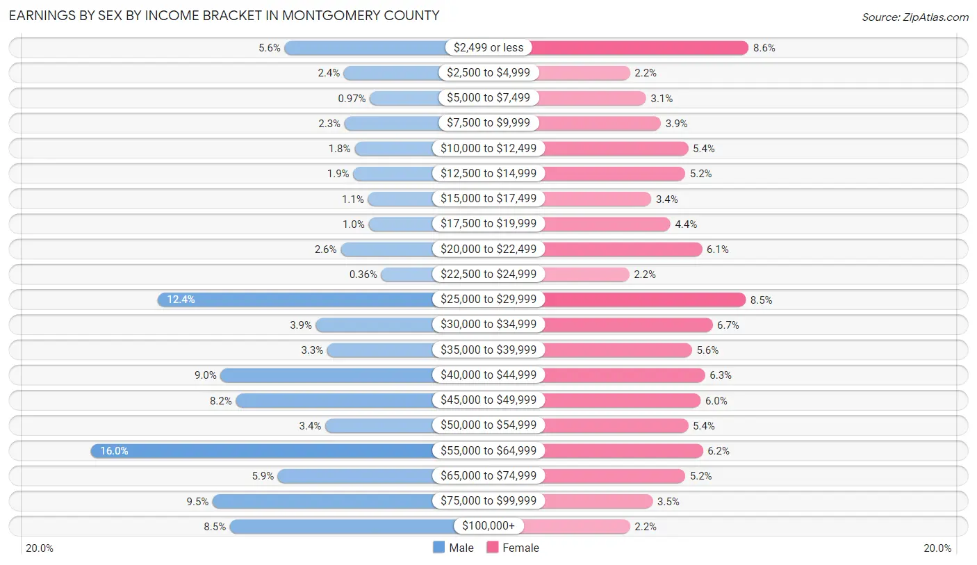 Earnings by Sex by Income Bracket in Montgomery County