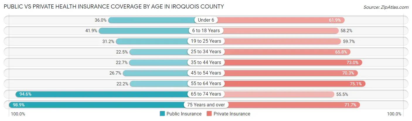 Public vs Private Health Insurance Coverage by Age in Iroquois County