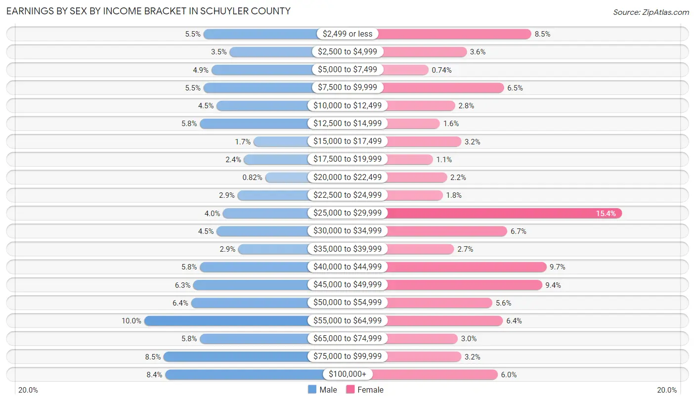 Earnings by Sex by Income Bracket in Schuyler County