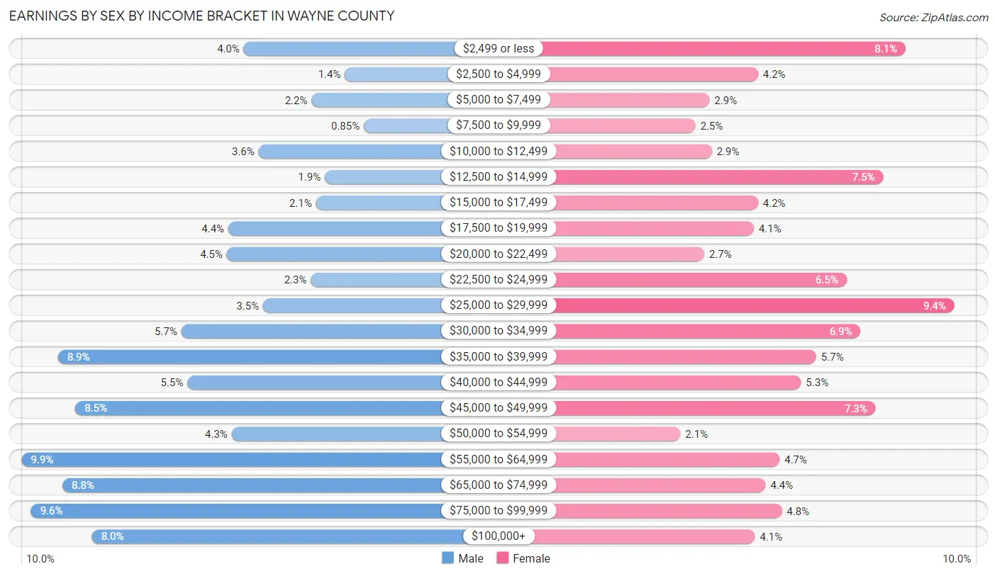 Earnings by Sex by Income Bracket in Wayne County