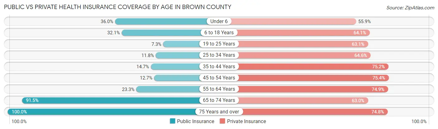Public vs Private Health Insurance Coverage by Age in Brown County