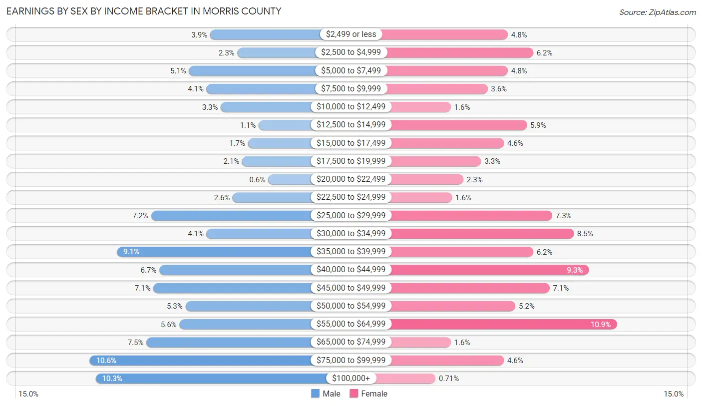Earnings by Sex by Income Bracket in Morris County
