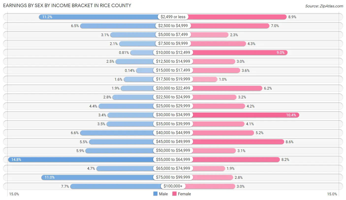 Earnings by Sex by Income Bracket in Rice County