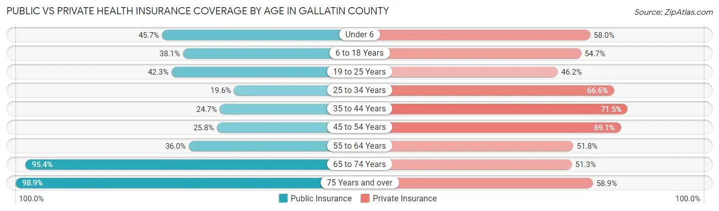 Public vs Private Health Insurance Coverage by Age in Gallatin County