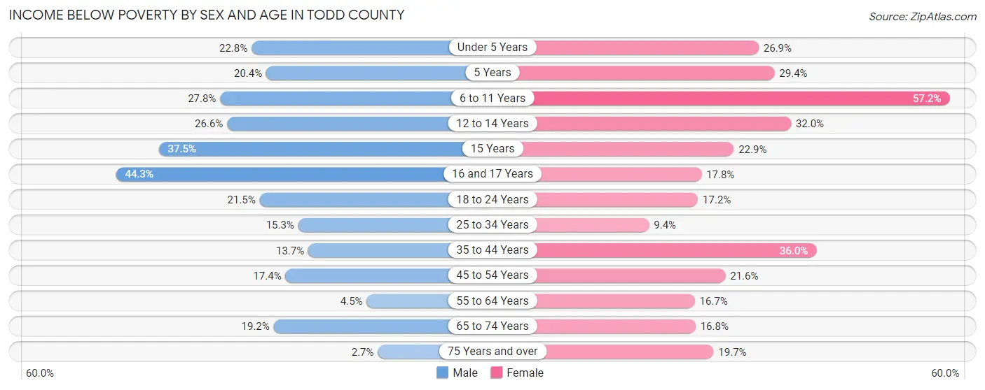 Income Below Poverty by Sex and Age in Todd County