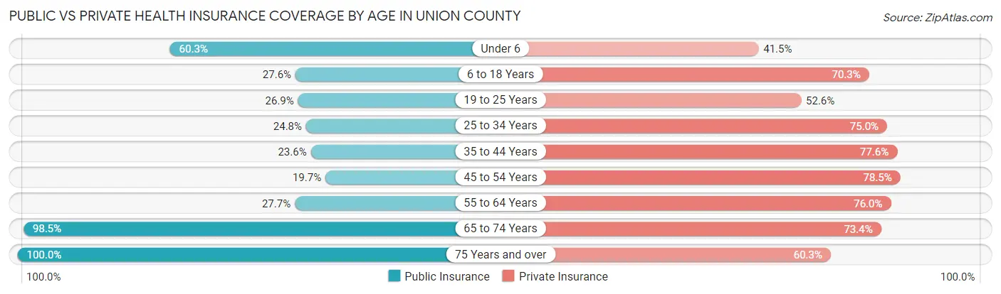 Public vs Private Health Insurance Coverage by Age in Union County