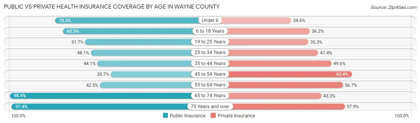 Public vs Private Health Insurance Coverage by Age in Wayne County