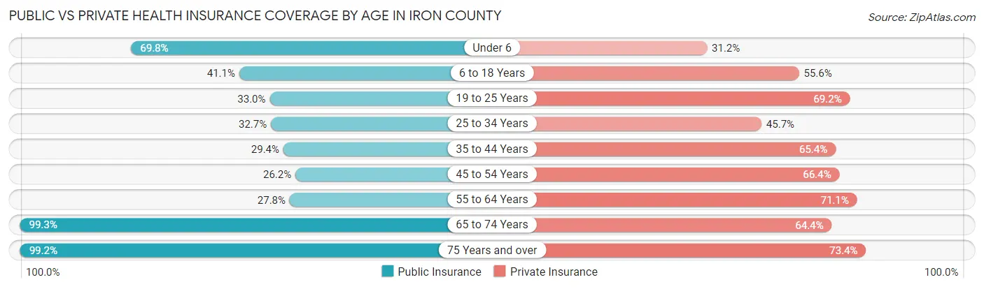 Public vs Private Health Insurance Coverage by Age in Iron County
