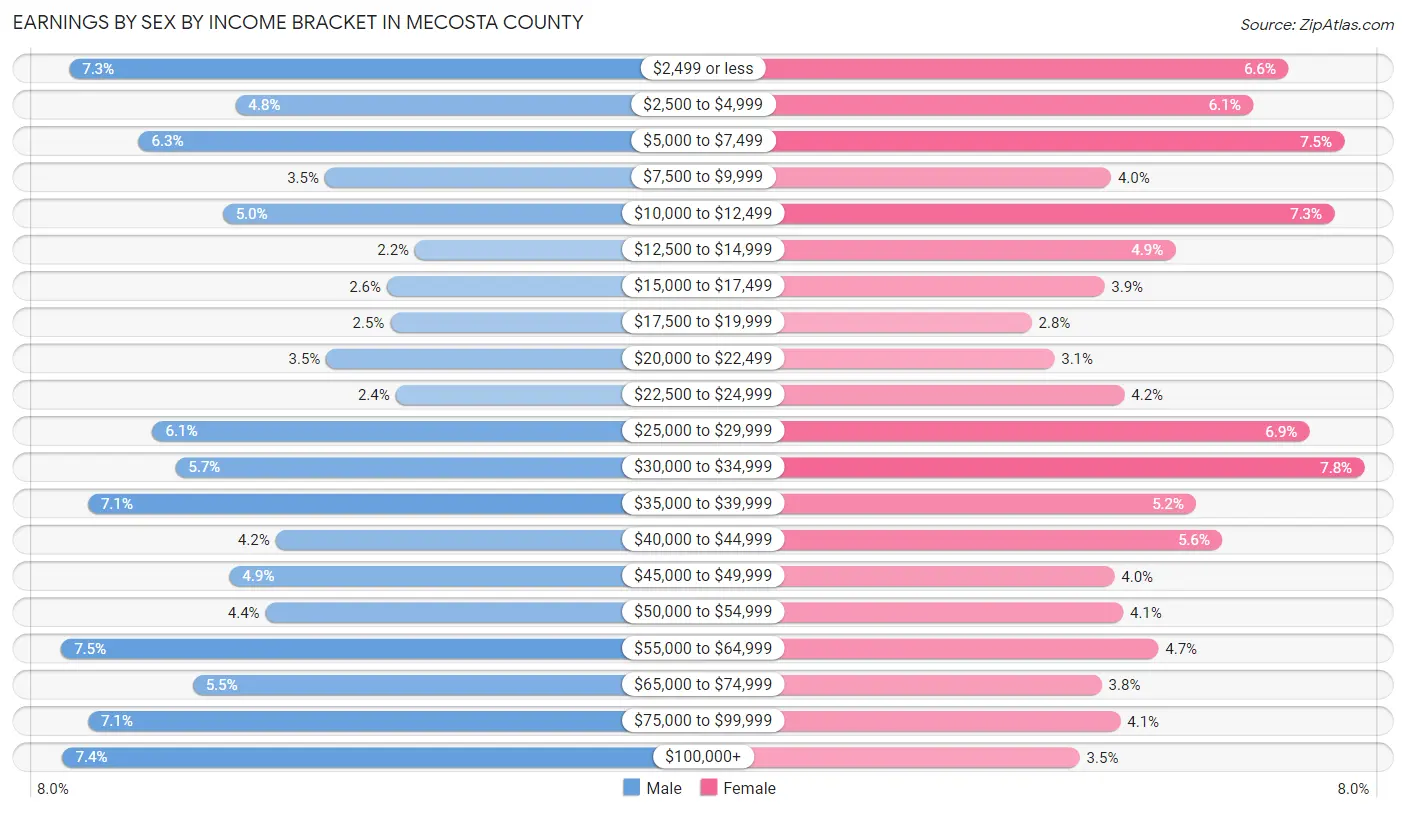 Earnings by Sex by Income Bracket in Mecosta County