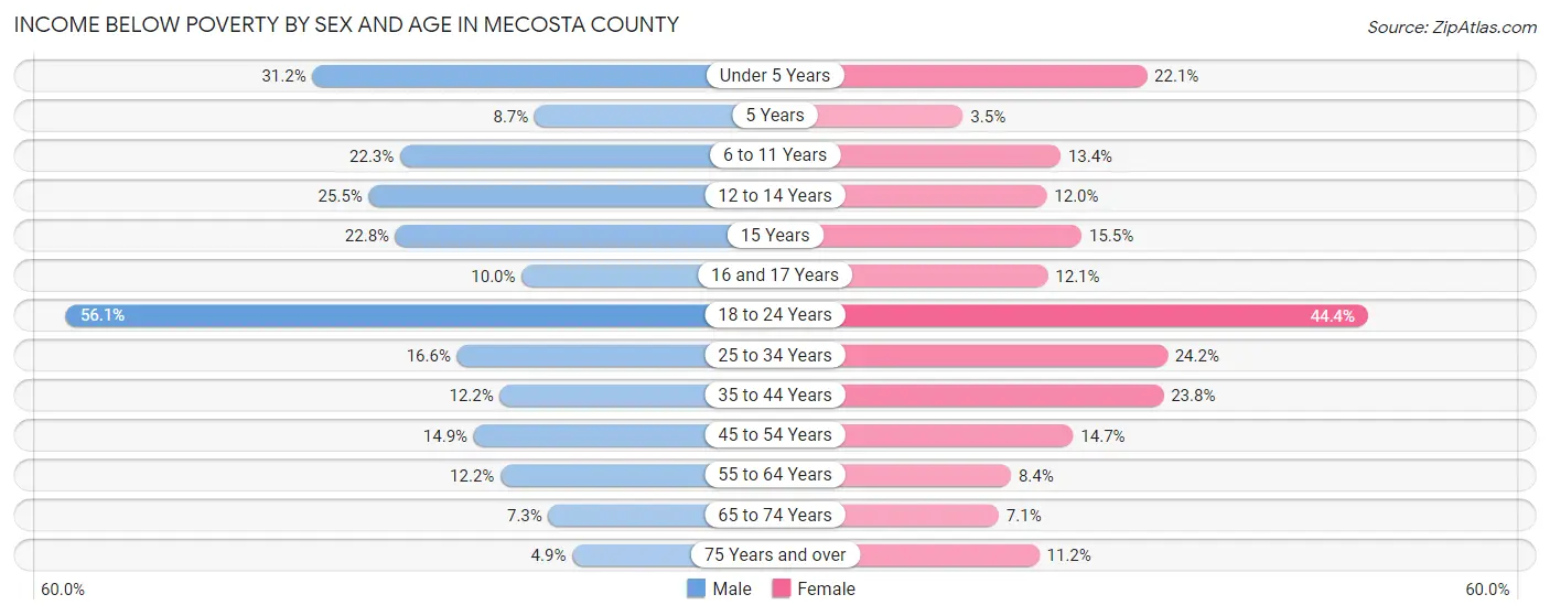 Income Below Poverty by Sex and Age in Mecosta County
