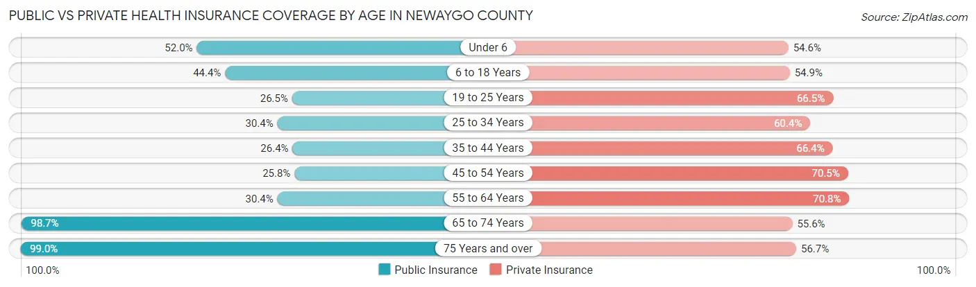 Public vs Private Health Insurance Coverage by Age in Newaygo County