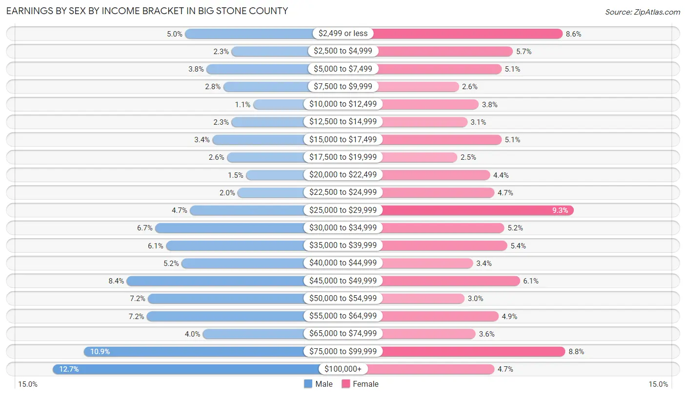 Earnings by Sex by Income Bracket in Big Stone County