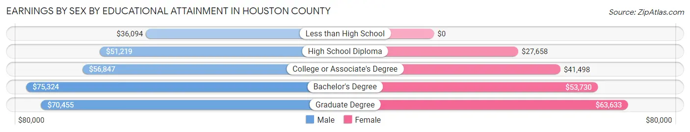 Earnings by Sex by Educational Attainment in Houston County