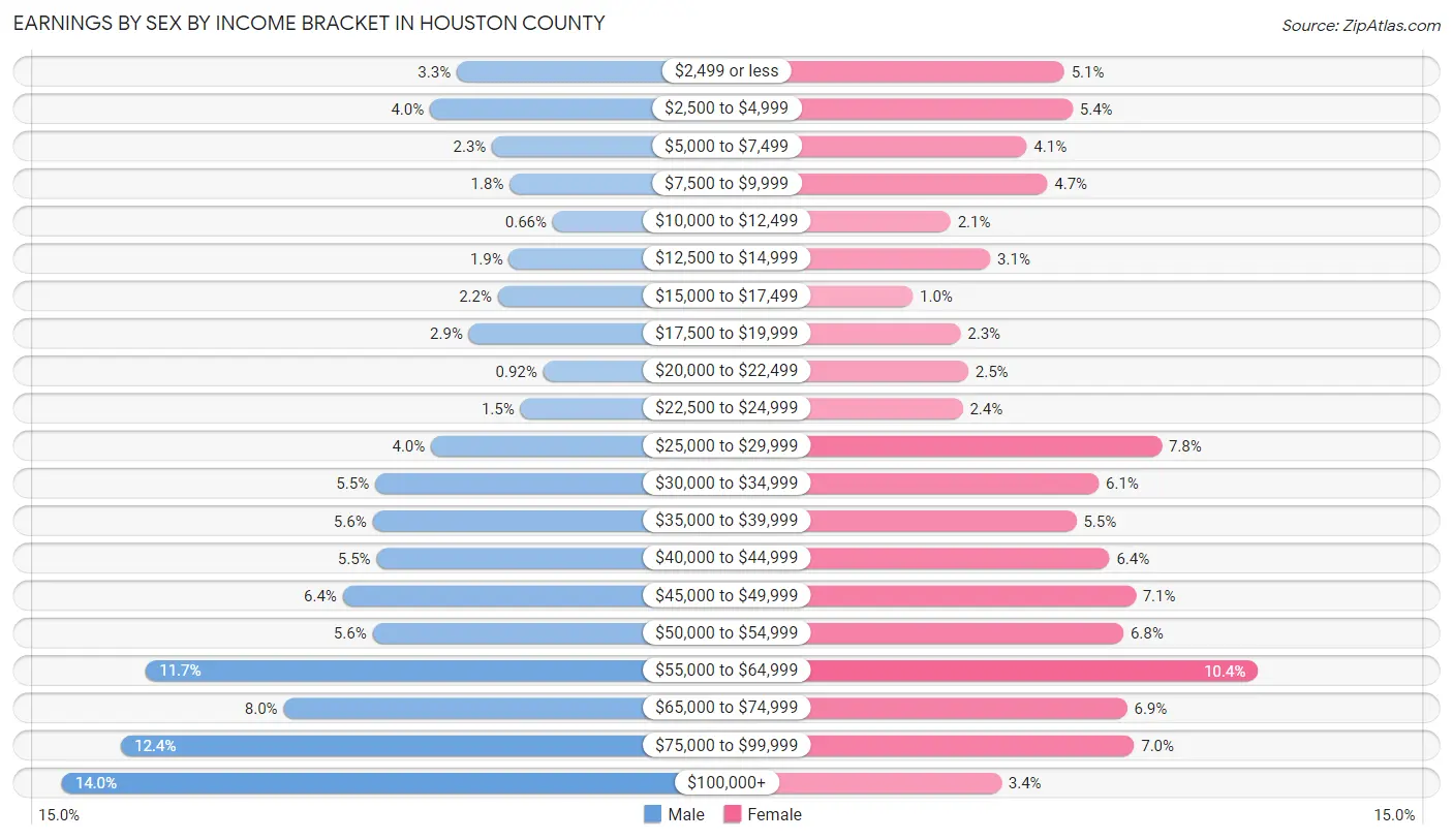 Earnings by Sex by Income Bracket in Houston County