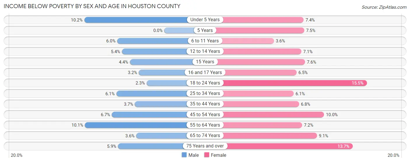 Income Below Poverty by Sex and Age in Houston County