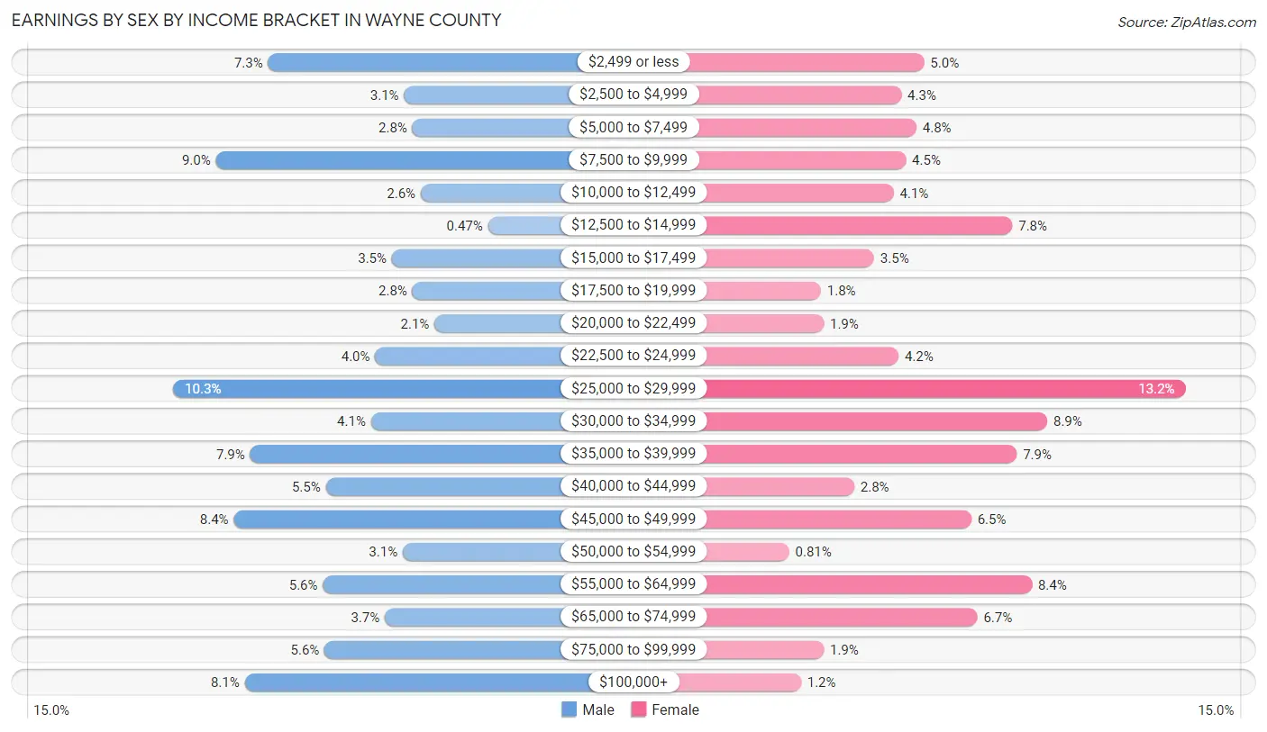 Earnings by Sex by Income Bracket in Wayne County