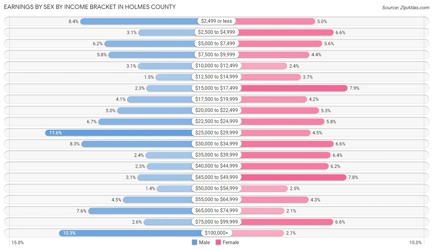 Earnings by Sex by Income Bracket in Holmes County