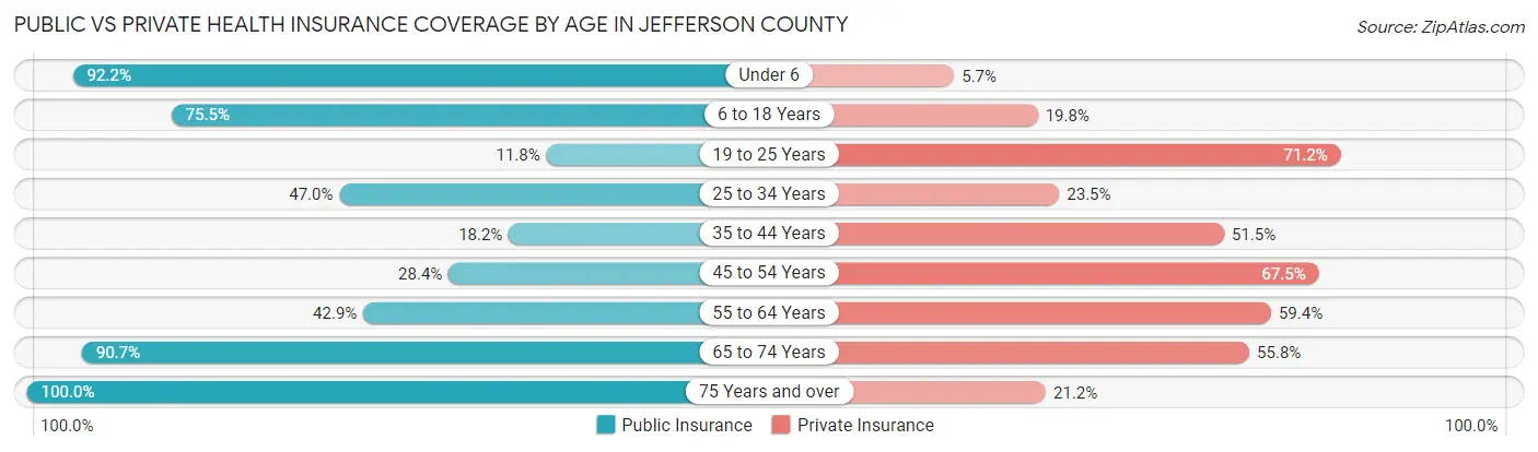 Public vs Private Health Insurance Coverage by Age in Jefferson County