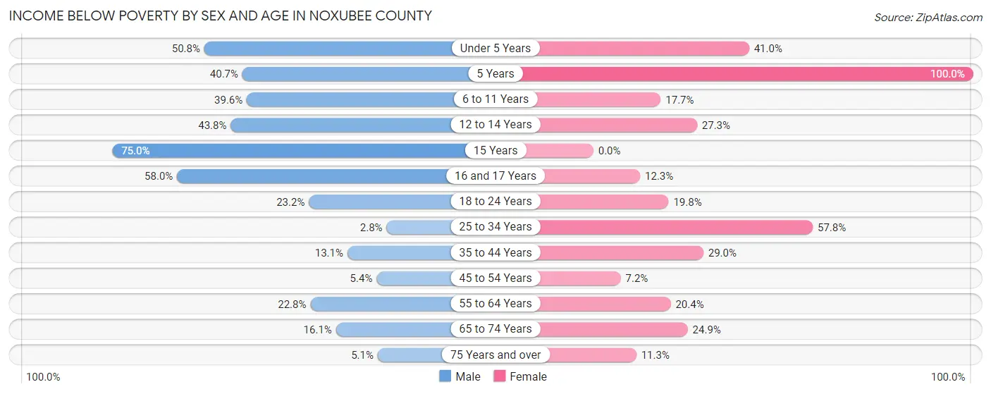Income Below Poverty by Sex and Age in Noxubee County