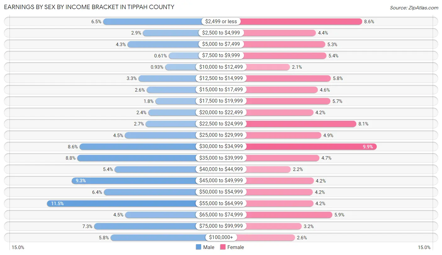 Earnings by Sex by Income Bracket in Tippah County