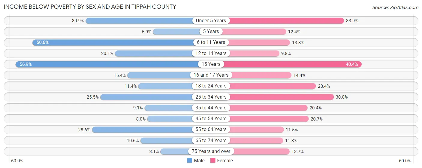 Income Below Poverty by Sex and Age in Tippah County