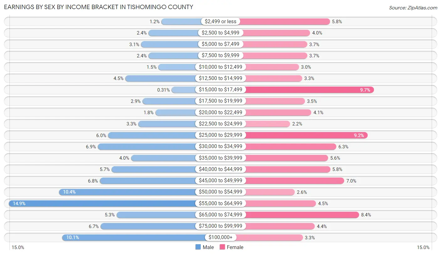 Earnings by Sex by Income Bracket in Tishomingo County