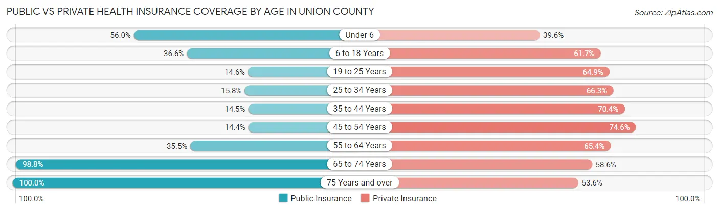 Public vs Private Health Insurance Coverage by Age in Union County