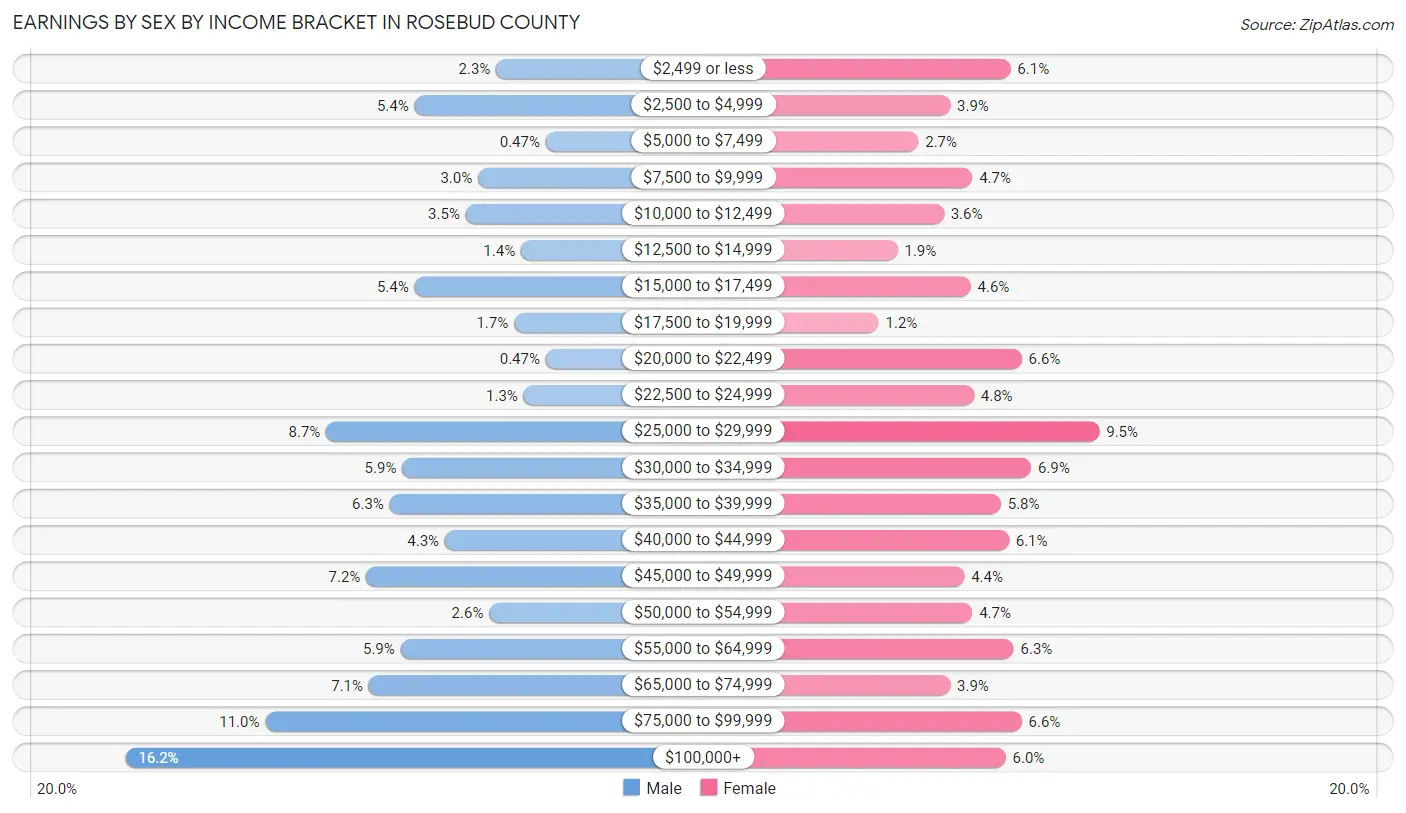 Earnings by Sex by Income Bracket in Rosebud County