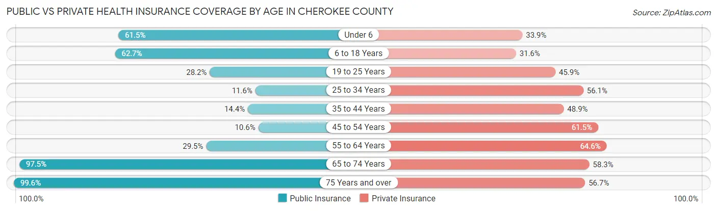 Public vs Private Health Insurance Coverage by Age in Cherokee County