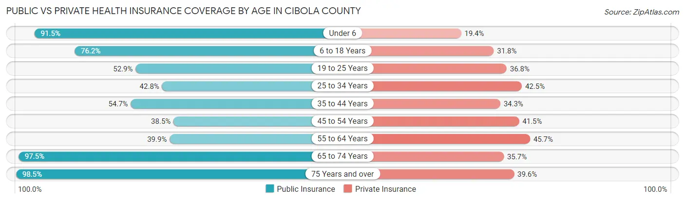 Public vs Private Health Insurance Coverage by Age in Cibola County