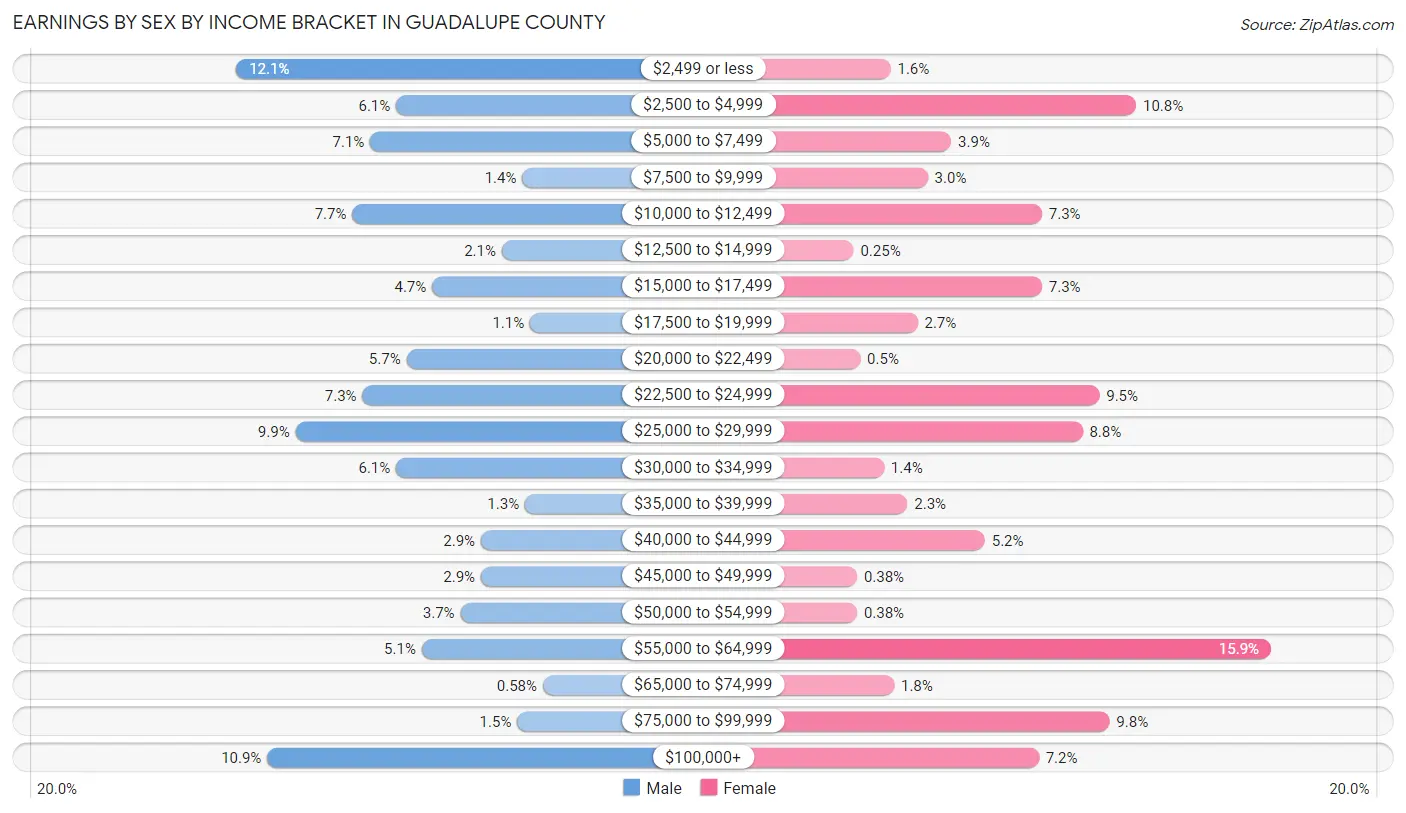 Earnings by Sex by Income Bracket in Guadalupe County