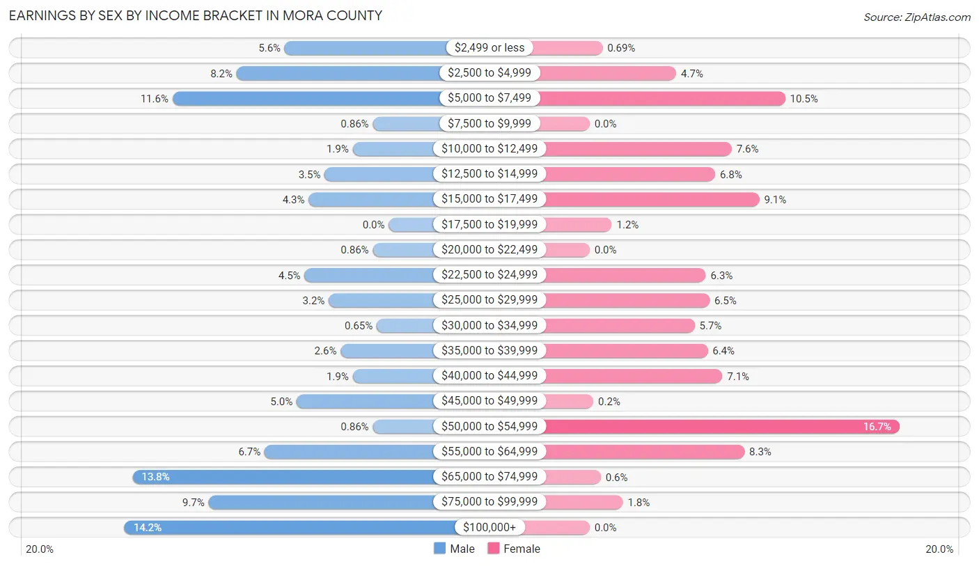 Earnings by Sex by Income Bracket in Mora County