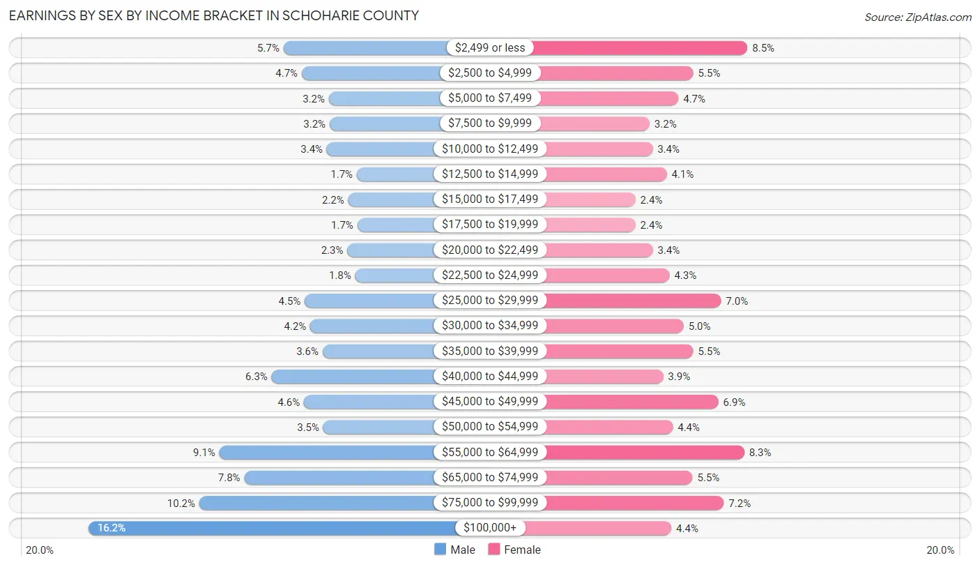 Earnings by Sex by Income Bracket in Schoharie County
