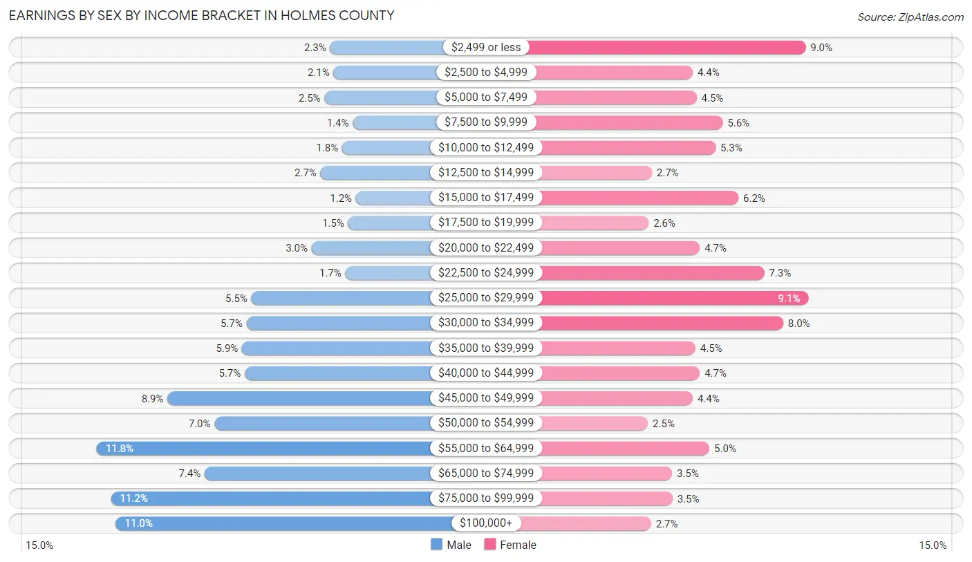 Earnings by Sex by Income Bracket in Holmes County