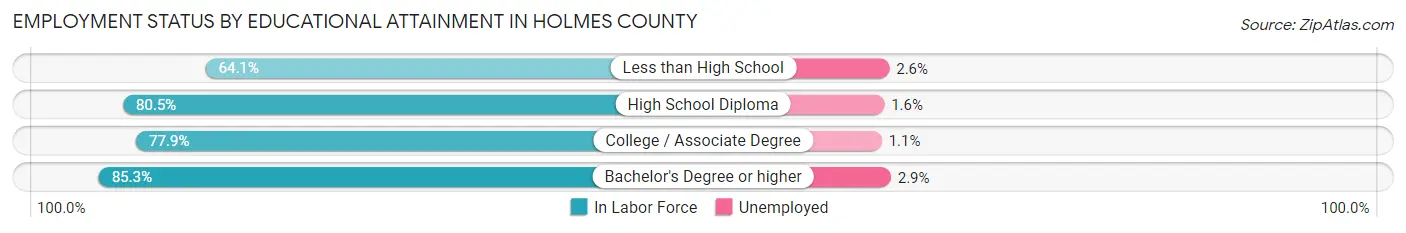Employment Status by Educational Attainment in Holmes County