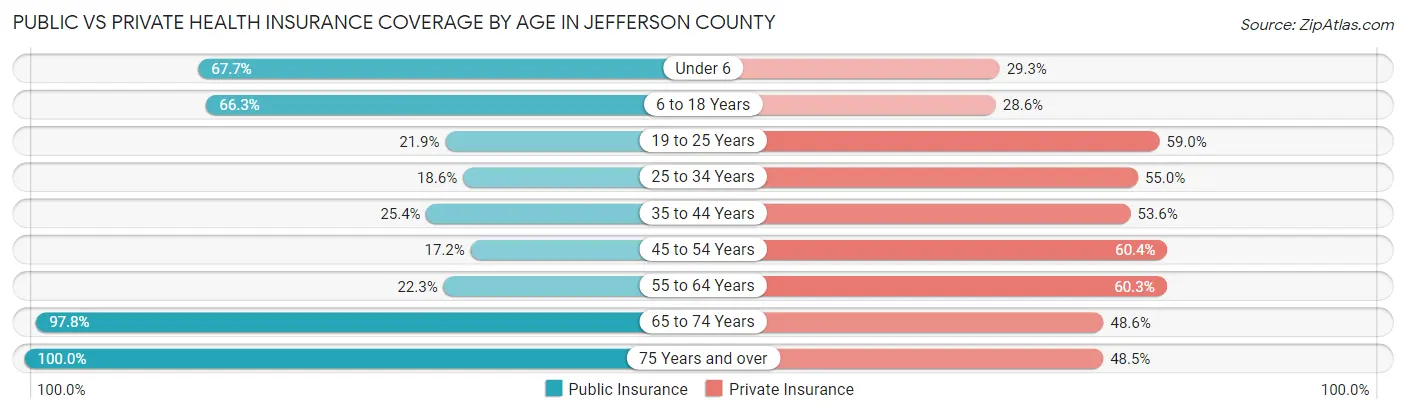 Public vs Private Health Insurance Coverage by Age in Jefferson County