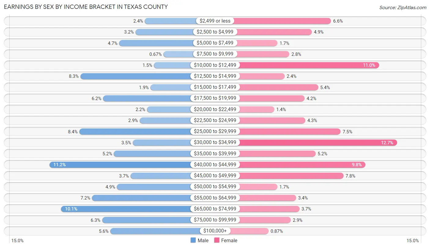 Earnings by Sex by Income Bracket in Texas County