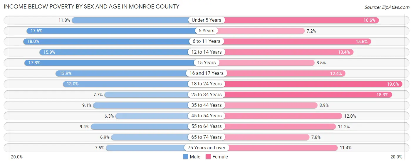 Income Below Poverty by Sex and Age in Monroe County