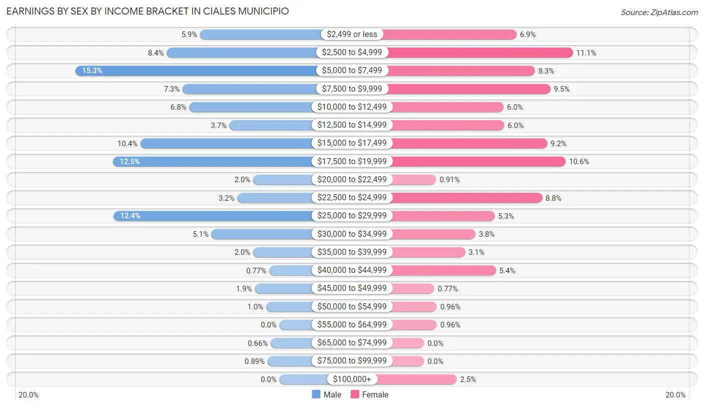 Earnings by Sex by Income Bracket in Ciales Municipio