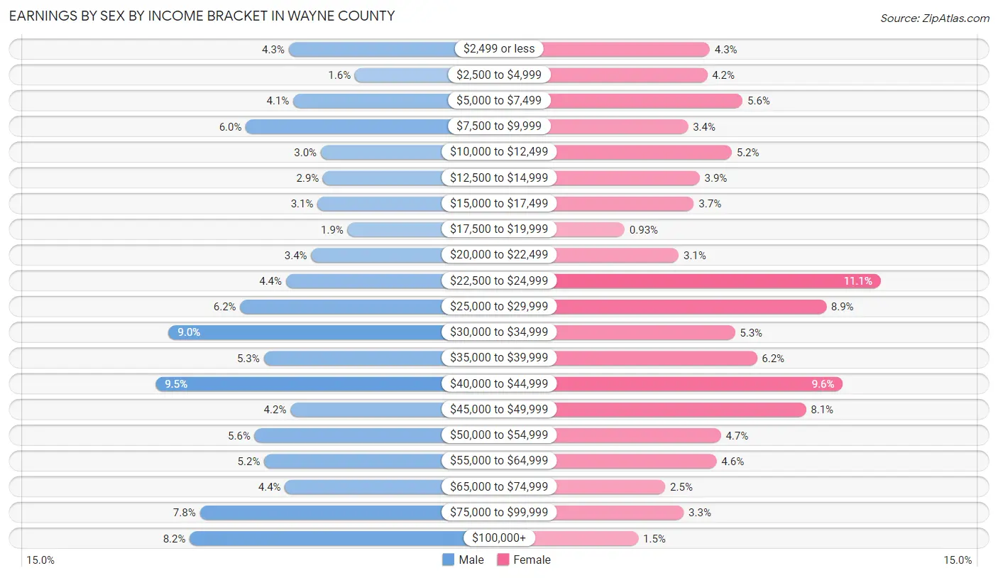 Earnings by Sex by Income Bracket in Wayne County