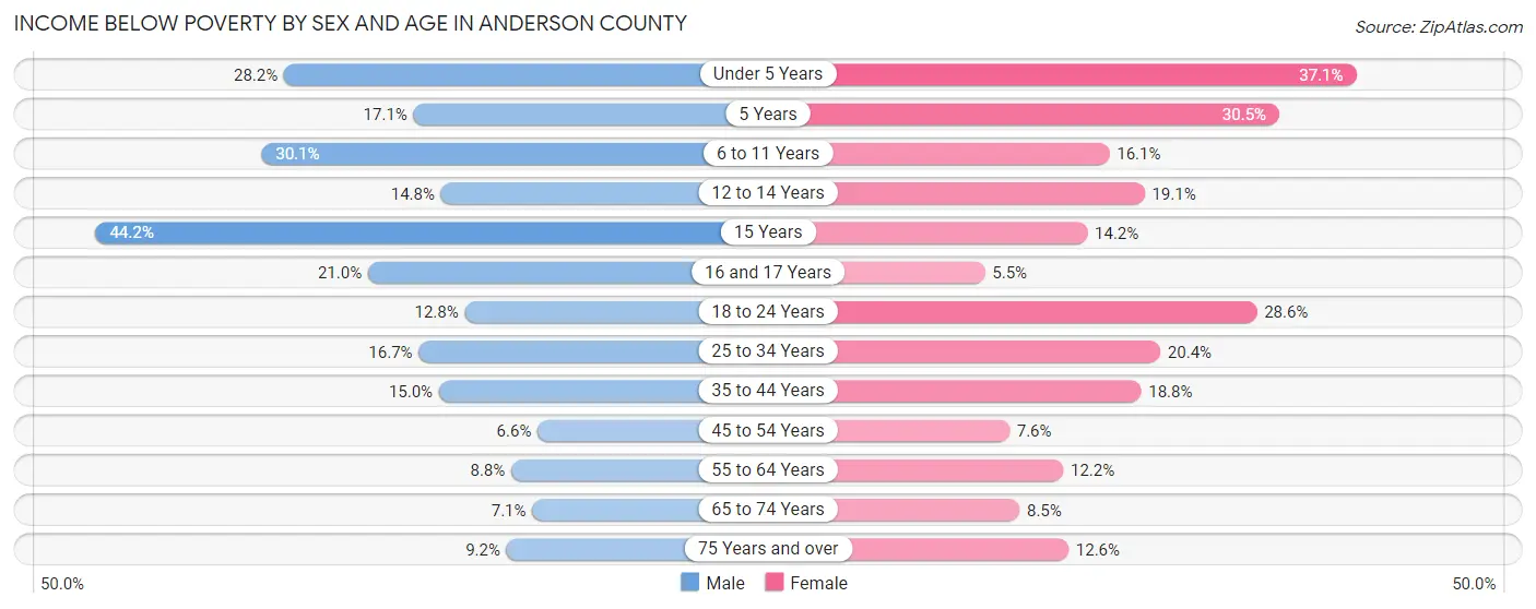 Income Below Poverty by Sex and Age in Anderson County