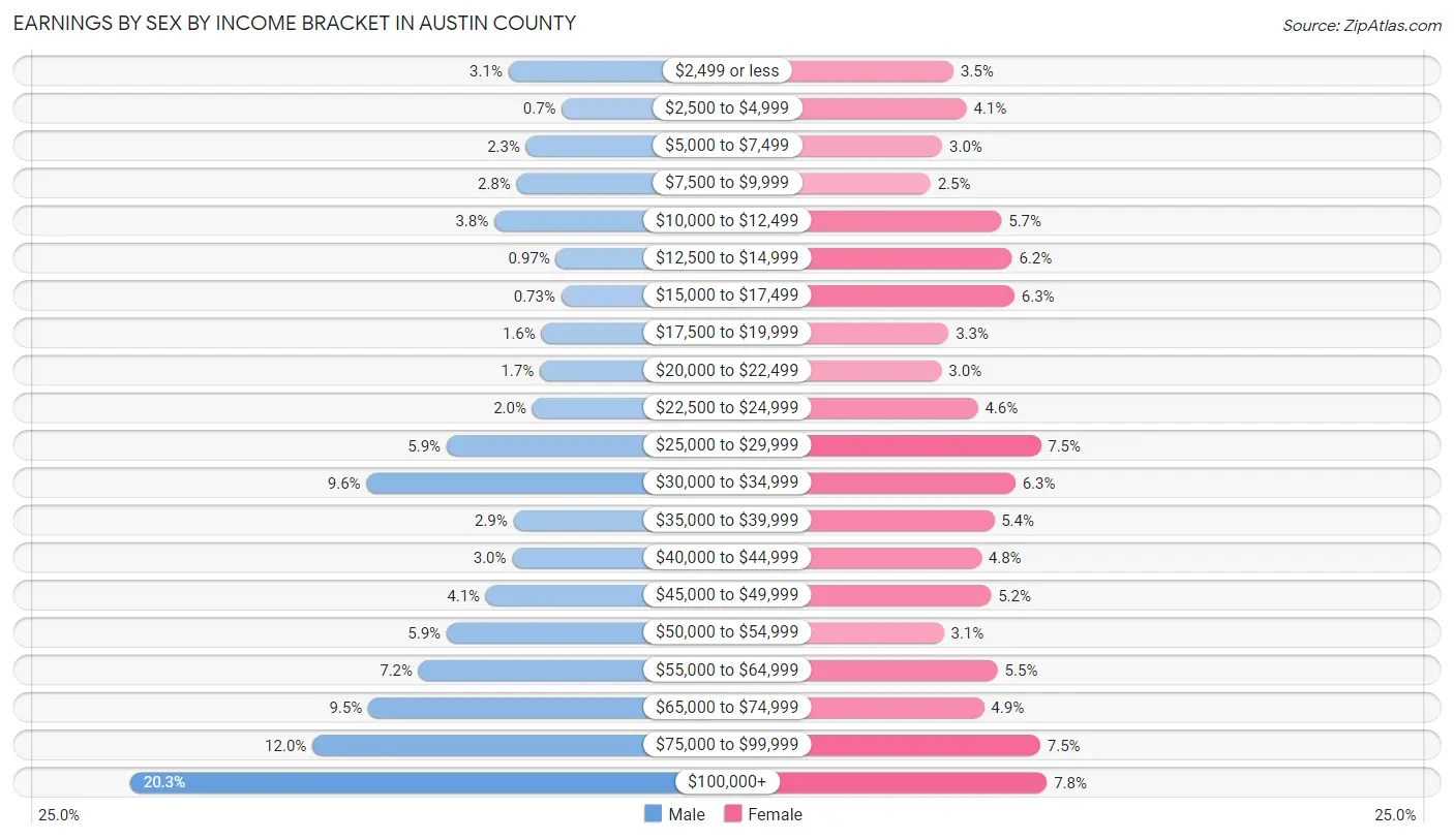 Earnings by Sex by Income Bracket in Austin County