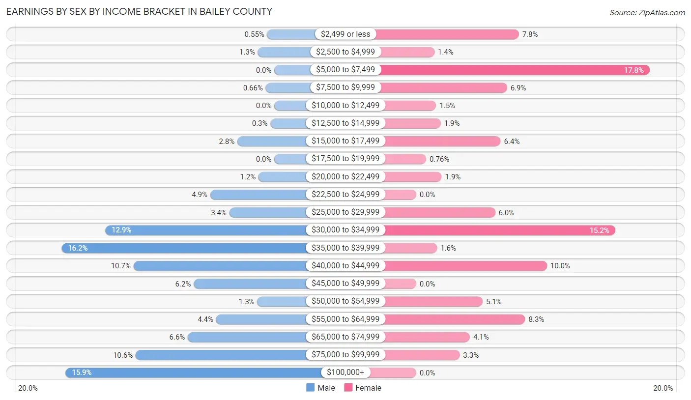 Earnings by Sex by Income Bracket in Bailey County
