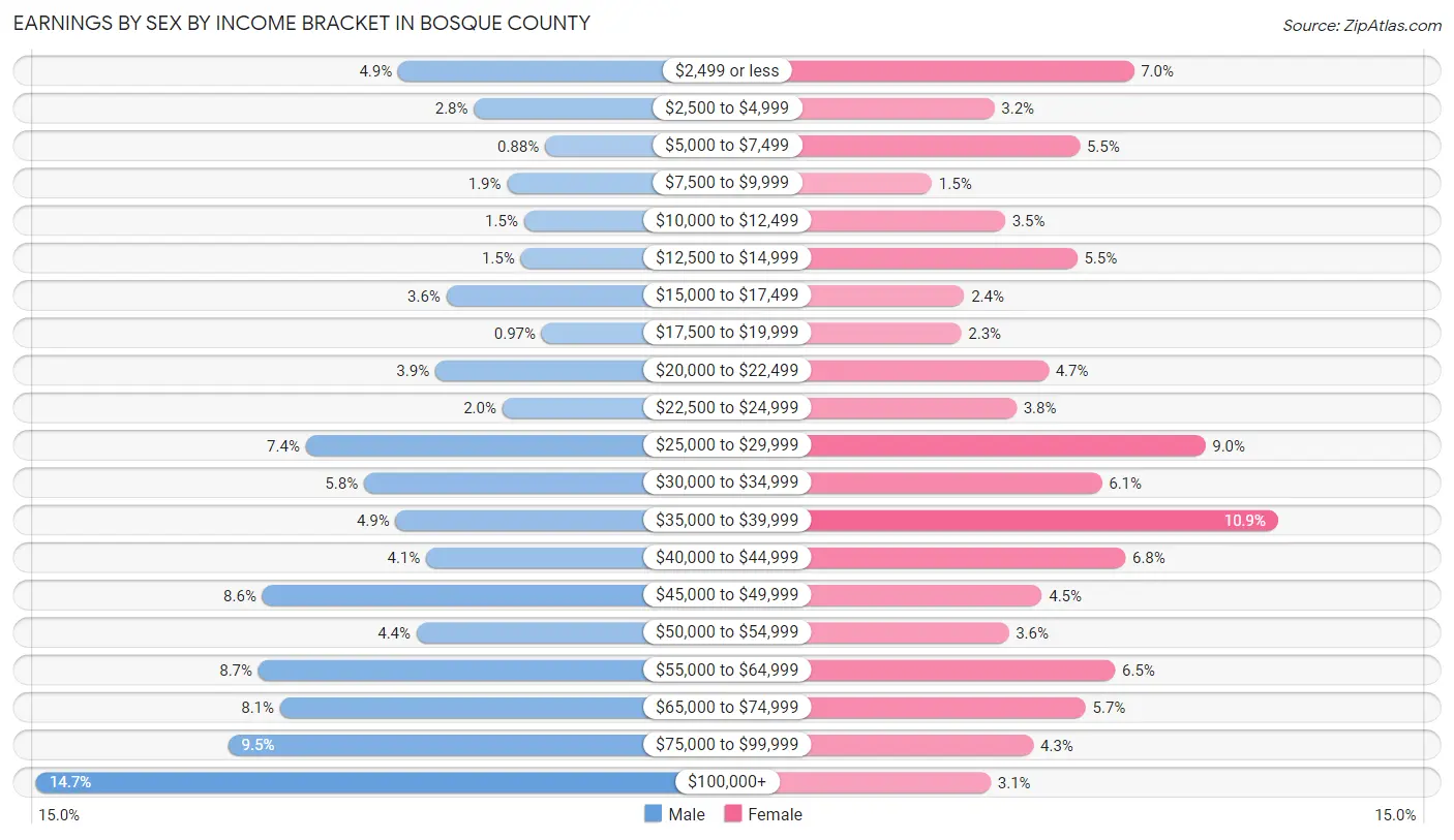 Earnings by Sex by Income Bracket in Bosque County